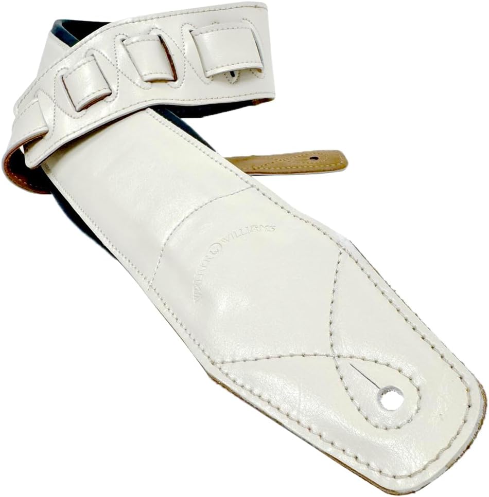 Walker & Williams B4B-WHT Aged White Semi Gloss 4" Wide Double Padded Premium Heirloom Grain Leather Guitar And Bass Strap For Acoustic, Electric, And Bass Guitars
