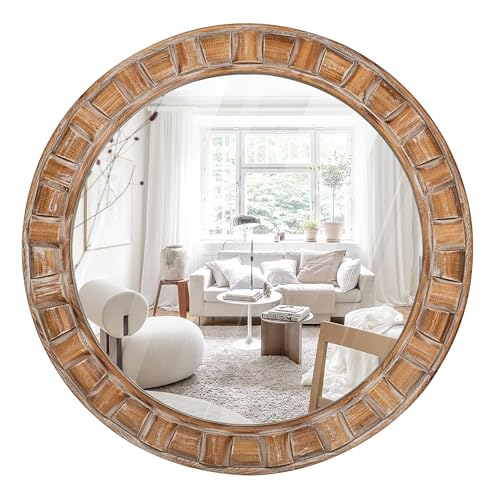 XGGJWW 30" Brown Solid Wood Round Wall Mirror