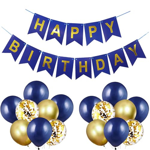 Happy Birthday Banner 12 Inch Navy blue and Gold Birthday Decoration Happy Birthday Balloons for Girls Boys Birthday Party SuppliesNB+GD)