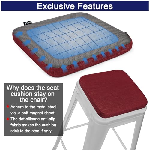 Image of BUYUE Friendly Woven Fabric Magnetic Bar Stool Cushions Set of 4, Enhanced Anti-Slip Breathable Small Chair Seat Pads for Cafe Bistro Stackable Metal Stools (Square, Red, 4 Counts)