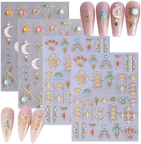 4 Sheets Sun Moon Nail Art Stickers, 5D Embossed Bohemian Style w...