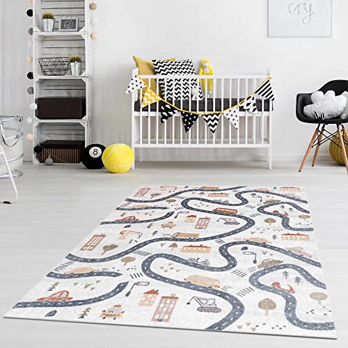 Hauteloom Mave Boys Room, Kids Room, Playroom Machine Washable Area Rug - Road Traffic Car City Carpet - Gray, Cream, Beige, Black - 6'7