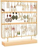 DHMK Earring Stand 3-Tier Jewelry Holder Organizer 69 Holes with Wood Base Stand Jewelry Display Rack for Women Girls Gift Earring Holders (Gold)