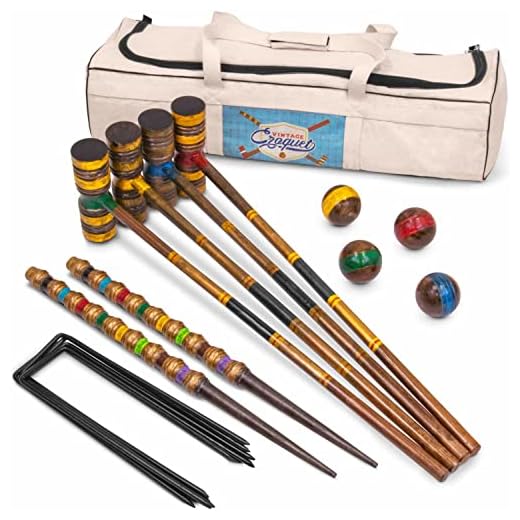 Crown Sporting Goods Vintage Croquet - Classic Outdoor Game, 4 Players - Wooden Balls, Mallets, Steel Wickets, Stake, Heavy Duty Canvas Bag - Nostalgic Toys & Family Fun
