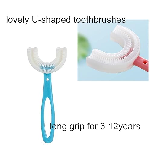 Miniatura 3 de 2 cepillos de dientes en forma de U para niños, cepillo de dientes de entrenamiento manual suave para niños de 6 a 12 años (rosa + azul)