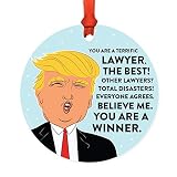 Andaz Press Round Natural Wood MDF Christmas Ornament Gift, Funny President Donald Trump, Terrific Lawyer, 1-Pack, Includes Ribbon, Keepsake Gifts for Coworkers