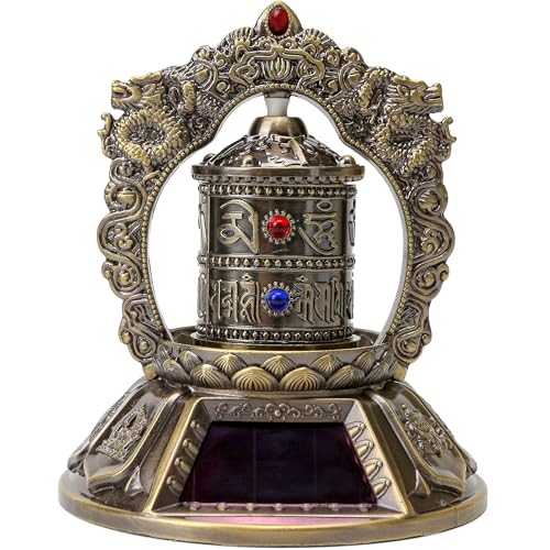 Premium Tibetan Prayer Wheel – Silent Spinning Om Mani Padme Hum Solar Powered Car, Table Top Buddhist Ornaments for Meditation, Yoga, Relaxation, Decorations – Bronze Color