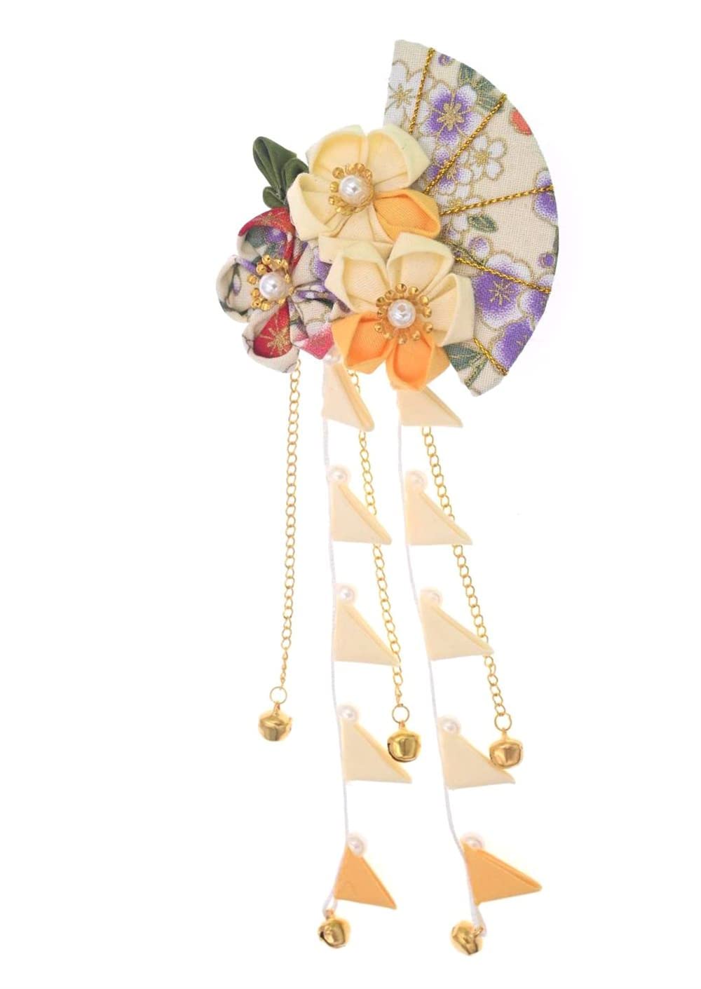 Pinza para el cabello japonés Kanzashi amarillo con adorno de flor y clip de banda Hanfu 8