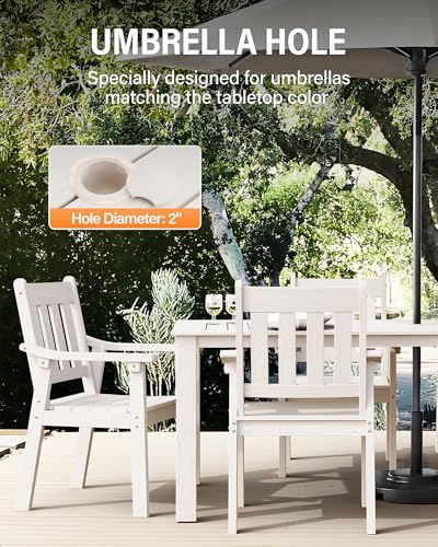 Image of YEFU HIPS Patio Table Set: 7 Piece Outdoor Table and Chairs Dining Furniture Set with Umbrella Hole - White Modern Plastic Dining Sets 6 Person for Outside Deck with Metal Aluminum Frame