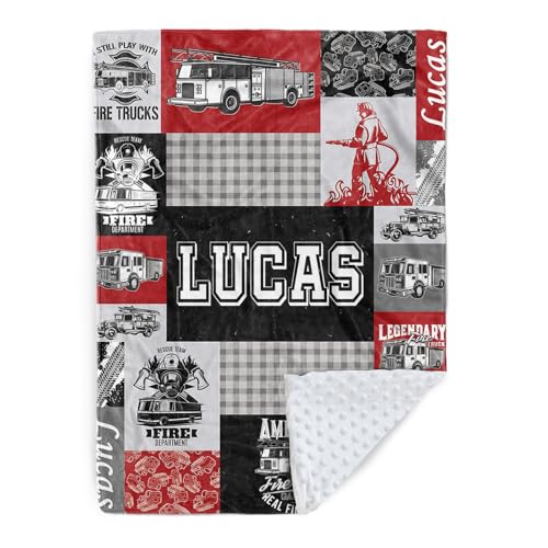 Personalized Fire Engine Blanket for Kids, Custom Name Patchwork Blankets, Soft Plush Fire Truck Plaid Flannel Blanket with Double Layer Dotted Backing, Gifts for Boys Girls Baby Color12