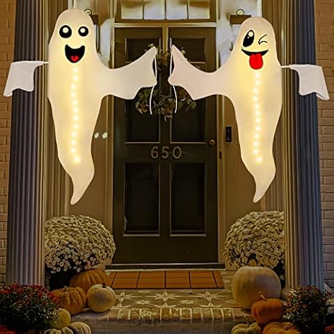 2PCS Geefuun Halloween Ghost Lighted Hanging Decoration Outdoor Decor - Hallowmas Tree Hugger Friendly Spooky Party Supplies (Batteries Not Included) Cover