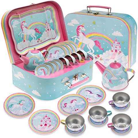 Jewelkeeper 15 Piece Kids Party Tin Tea Set for Toddlers - Kids Tin Tea Set & Carrying Case - Cat Design tea set for 3 year old girls - picnic set toys for kids