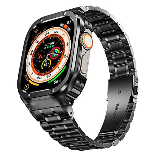 MioHHR Stainless Steel Watch Band with Case Compatible for Apple Watch Bands Ultra 3/2/1 49 mm,Rugged Strap with Metal Protective Bumper Cover for iWatch Ultra 3/2/1 for Men(Black)