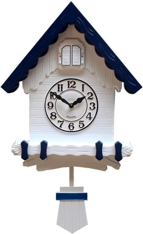 Three Secondz Cuckoo Clock with Bird, Traditional House Design, White and Brown, Quartz Movement, 3 Colour Options (Nevy Blue with White) 3