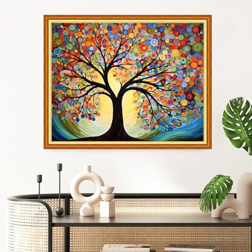 Image of Redxing Stamped Cross Stitch Kits Full Range of Embroidery Starter Kits- Needlepoint Counted Cross Stitch Kits for Beginner Adults 11CT Printed Embroidery Kit-Colorful Tree 16x20 inch
