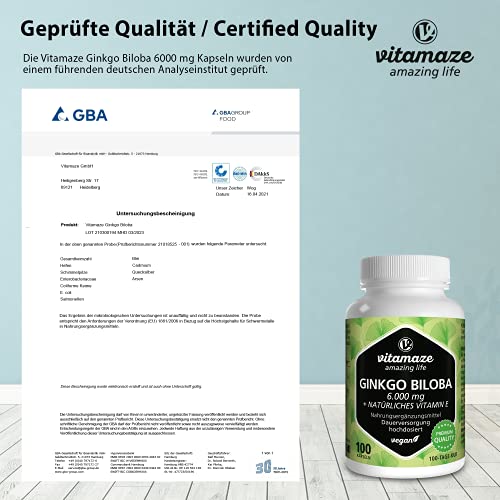 Ginkgo Biloba Kapseln hochdosiert 6000 mg vegan Gingko Biloba Extrakt 50:1, 100 Kapseln für 100 Tage Dauerversorgung, Nahrungsergänzung ohne Zusätze, Made in Germany