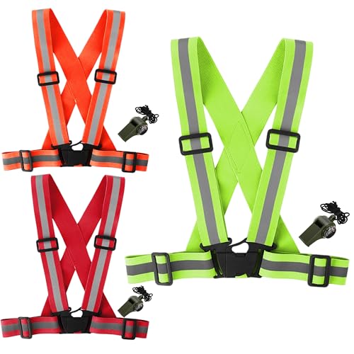 Reflective Vest, 3Pack High Visibility Reflective Safety Vest with Emergency Whistle 360° Adjustable Elastic Running Reflective Gear for Construction,Cycling (Fluorescent green+Orange+Red)