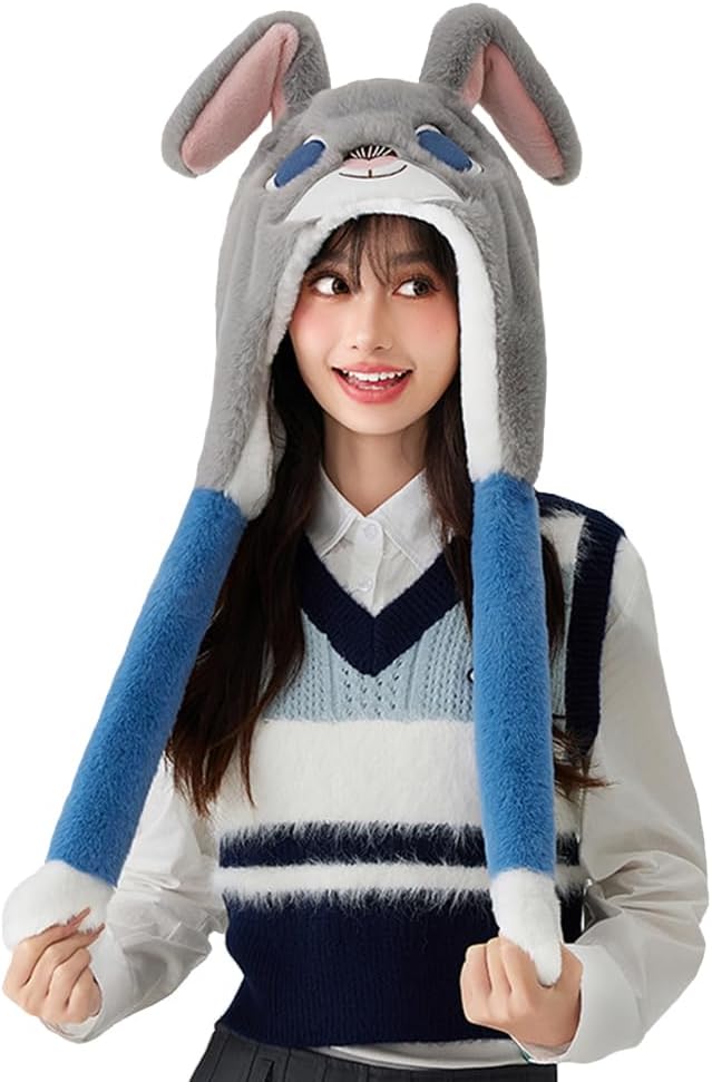 Adorable Winter Animal Plush Hat with Moving Ears - Funny-Crazy Earmuff Hat for Girls & Women