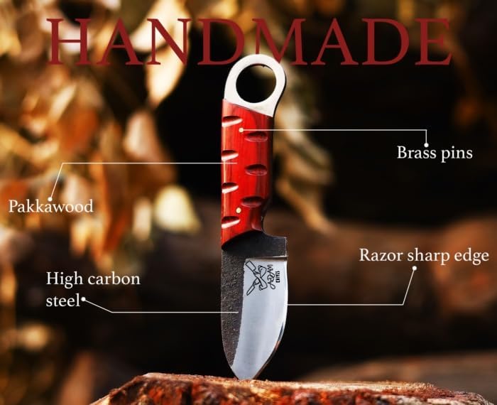 Fixed Blade Carbon Steel Outdoor Knife with Pancake Leather Sheath, 7'' Full Tang Skinning Knife,Non-Slip Wooden Handle
