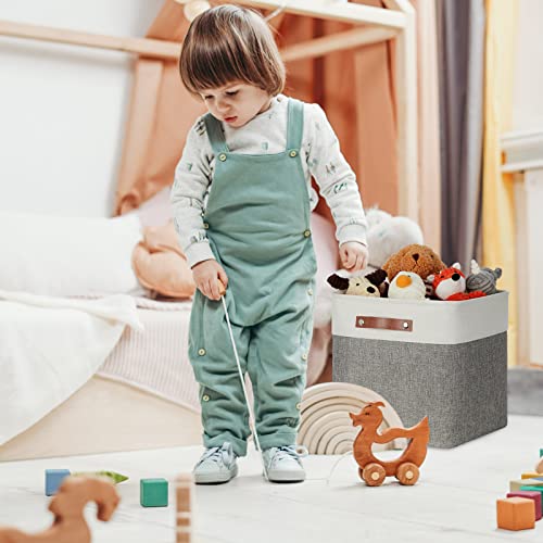 Dullemelo 13X13 Cube Storage Baskets, Fabric Storage Basket With Leather Handles For Shelves Closet Nursery Toy Storage, Collapsible Fabric Baskets For Toy Book Magazine Towel Organizers(White&Gray) #TOP4