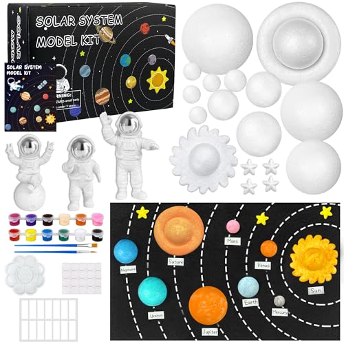 35PCS Solar System Model Kit Foam Ball Kit Includes Color Pigments Palette Spheres Balls Brushes Felt Background Plate Instruction Manual Astronaut Ornament and More
