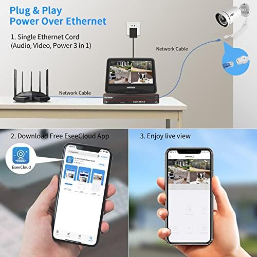 5MP+3TB HDDHiseeu 5MP PoE CCTV Security Camera System,10'' LCD Monitor with 8CH NVR,4X5MP PoE IP Cameras Outdoor with Floodlights for Color Night Vision IP66 Waterproof Remote Access Two-way Audio