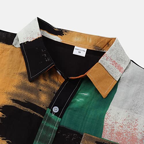 Oioloy Basic Short Henleys Date Night Shirt Men Comfortable Linen Button Front Shirt Short Sleeve Geometric Loose Fit Fathers Day Shirts Man #TOP3
