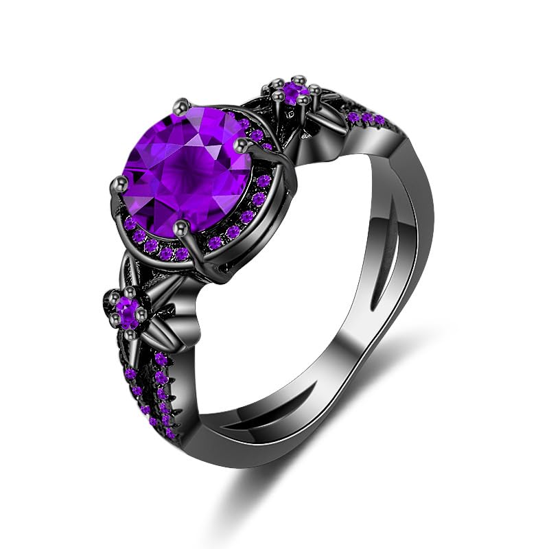 Black Gold Plated Antique Women's Flower Ring Retro Oxidized Finished Round Cut Created Amethyst CZ Cubic Zirconia Filled Engagement Promise Wedding Vintage Band for Mom Lover 7#