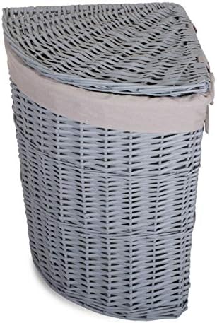 Lidded Grey Wicker Corner Linen Laundry Basket with Cotton Liner