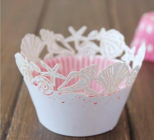 Krismile 48 White Beach Themed Wedding Sea Shell Seashells Cupcake Wrapper Baby Shower Wedding Party Cake Liners Decoration / Pearl White Hawaiian Sea Shells Filigree Laser Cut Paper Cupcake Wrappers Wraps Baby Shower Wedding Party Beach Themed Dinner Party Bridal Shower Cake Liners Decoration