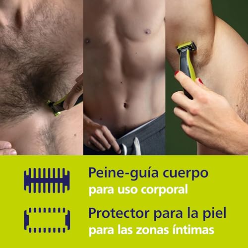 Philips OneBlade Original Hybrid Face + Body: barbero eléctrico, afeitadora facial y corporal. Con 2 cuchillas originales para la cara y el cuerpo, 4 peines-guía (1, 2, 3, 5 mm), 1 kit para el cuerpo