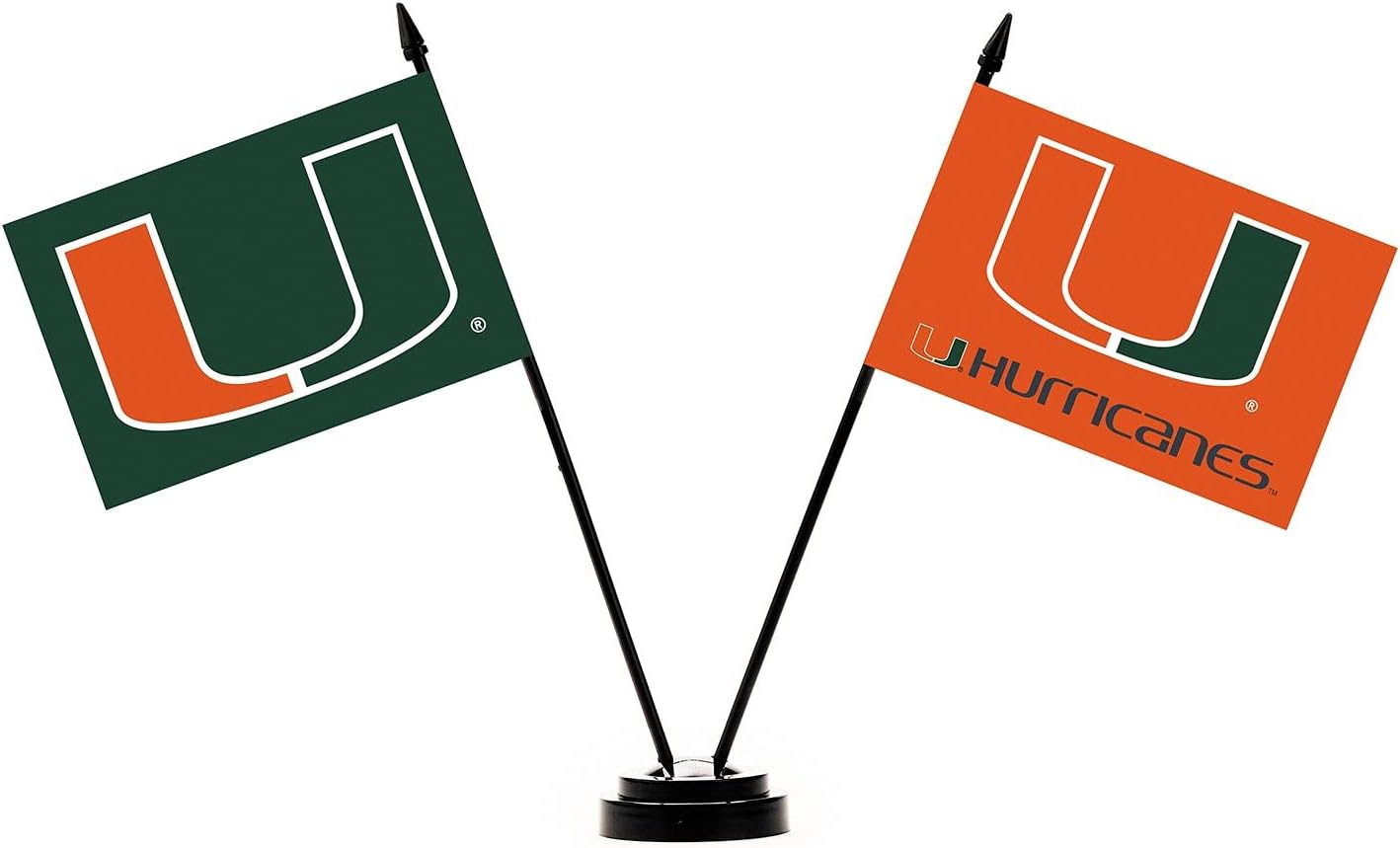 BSI PRODUCTS, INC. - Miami Hurricanes 2 Flag Desk Set - UM Football, Basketball, & Baseball Pride - Durable 4” x 6” Flags and Plastic Base - Man Cave Accessories and Decor - Great Gift Idea
