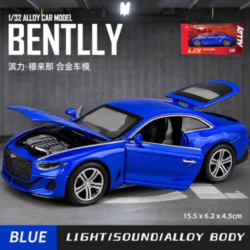 Image of 1:32 Scale Bentley Mulliner GT Toy Car - Pull Back Die-Cast Metal Luxury Car Model with Openable Doors, LED Lights & Music - Alloy Vehicle for Kids, Boys & Collectors (Blue)