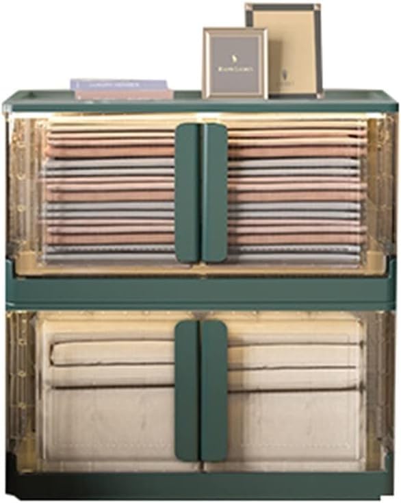 Foldable Plastic Box with Double Doors Stackable Storage Bins and Pulley Locker Ideal for Closets Living Rooms Study