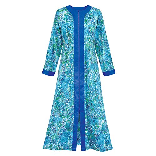 Collections Etc Women's Zip Front Floral Long Robe with Long Sleeves - Comfortable Loungewear with Side Pockets and Split Neckline, Royal Blue, Large