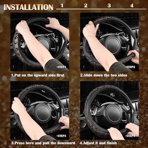 Image of CAR PASS Bling Diamond Steering Wheel Cover Leopard Pattern, Sparkly Crystal Glitter Rhinestones Black Leather Wheel Protect for Women Girl Fit Suvs,Vans,Sedans,Cars,Trucks, 14 inch 1 /2-15 inch Gold Leopard