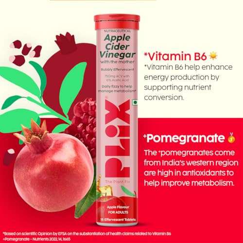 Image of THE PLANT FIX Apple Cider Vinegar Effervescent Tablet with Mother | Supports Metabolism & Control Cravings | With 750mg ACV, Vit B6 & B12 | No Added Preservative | (Pack of 12)