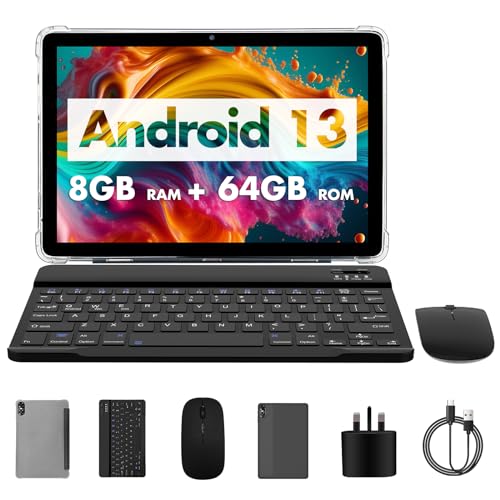 PRITOM 10 inch tablet, 8 GB(4+4 GB Expand), 64 GB ROM, Android 13, 1TB Expand,Qcta core, WiFi 6, 6000 Mah, Tablet PC with Keyboard, Mouse, Case,Gray