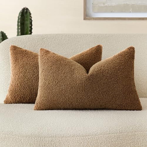 Image of Foindtower Pack of 2, Curly Faux Fur Decorative Throw Pillow Covers Soft Fuzzy Plush Cushion Case with Zipper Cozy Pillowcase for Home Living Room Couch Bed Sofa 12 x 20 Inch,Dark Bronze