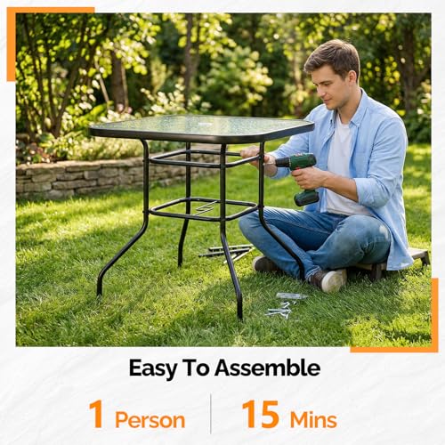 Image of VINGLI Glass Patio Table with Umbrella Hole, 32 inch Square Outdoor Dining Table Steel Tempered Glass Patio Tables Outdoor Tables for Balcony Garden Deck