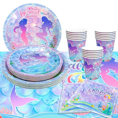 Suministros para Fiesta de Sirena-113pcs Juego Vajilla Cumpleaños, Platos y Servilletas, Vaso, Mantel y Decoración Temática Sirena
