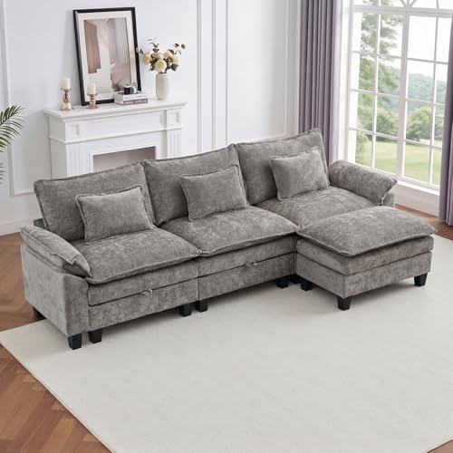 Image of IPKIG 117 inch Modular Cloud Couch with Storage, L Shaped Sectional Sofa with Ottoman & Pillow, Chenille Deep Seat Sectional Couches for Living Room, Apartment, Grey