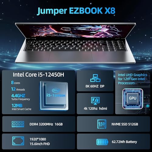Image of jumper Laptop, Intel 12th Core i5 CPU up to 4.4GHz, 8GB RAM 256GB NVME SSD, 15.6 inch FHD IPS Display, 62.7Wh Battery, WiFi 6, Bluetooth5.1, 2 Memory Slots, Windows 11 Laptop for Student Business