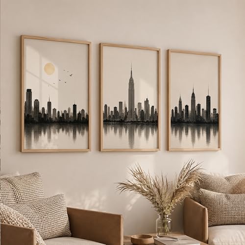 Image of Set of 3 Modern City Skyline Wall Art Paintings for Living Room | Minimalist Urban Cityscape Wall Decor | Neutral Beige Framed Wall Paintings for Bedroom, Office, Hall & Home Decoration (10x13 Inches)