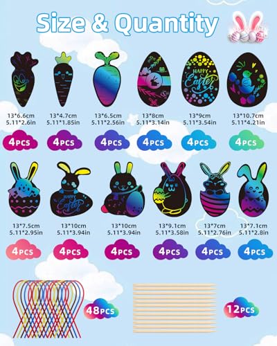 ARDFFA 48 Stück Ostern Kratzbilder-Set für Kinder – Magische Regenbogen-Scratch-Papiere mit Hasen, Küken, Karotten & Ostereiern, DIY Osterbasteln inkl, 12 Holzstiften und 48 Bändern als Party-Deko