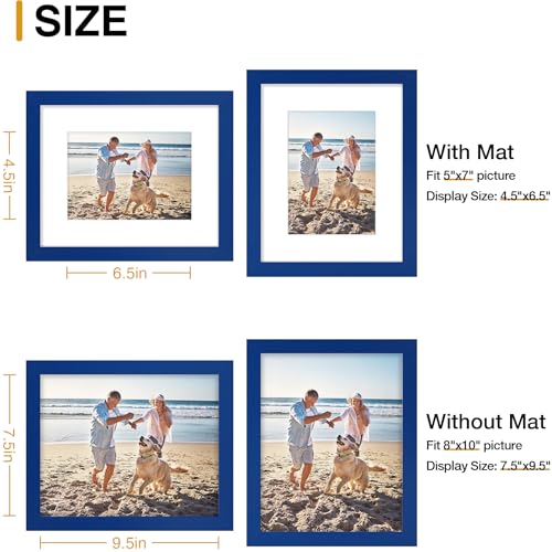 decorUhome 8x10 Picture Frame, Display Photos 5x7 with Mat or 8x10 Unmatted, Engineered Wood Frame with Plexiglass for Wall and Tabletop Display, Royal Blue, Set of 1