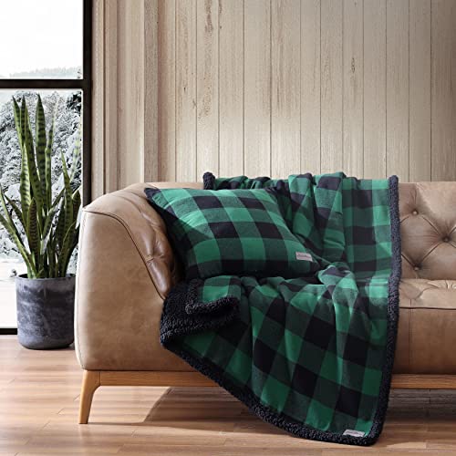 Eddie Bauer - Throw Blanket with Pillow Cover, Reversible Flannel/Sherpa Bedding Set, Buffalo Plaid Home Decor for All Seasons (Green/Black, Throw Bundle)