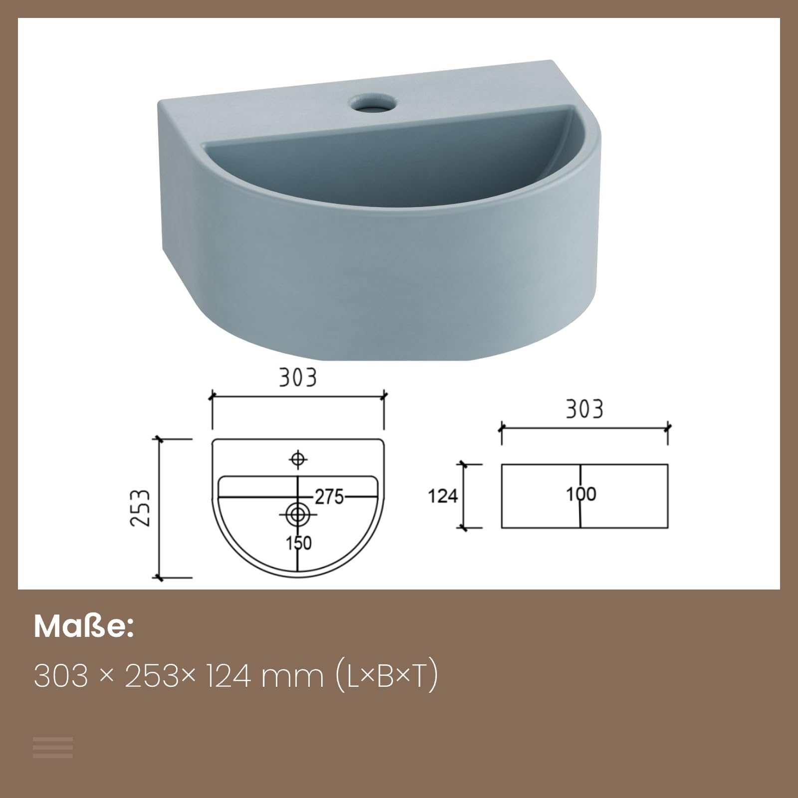 EMKE Lavabo ovalado de 30,3 x 25,5 x 12 cm, lavabo de cerámica para baño de invitados, lavabo colgante de diseño, lavabo colgante azul pastel mate
