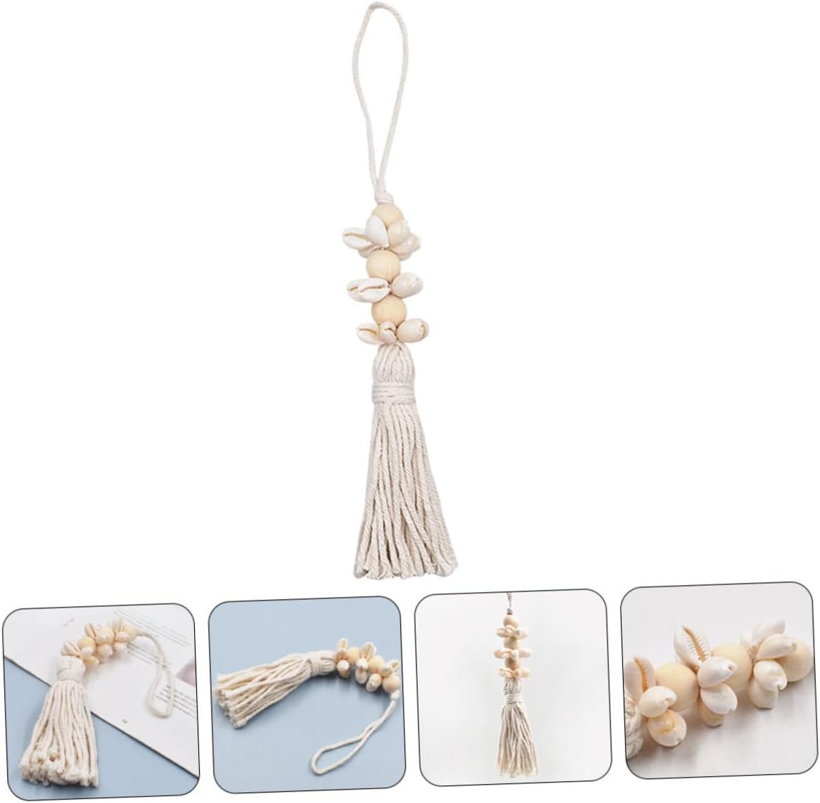 Boho Coastal Decor Wooden Beads String Pendant with Cotton Tassels and Seashells 9.84In Rustic Farmhouse Hanging for Wall Window Decoration