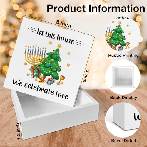 Image of Hanukkah Decor, Hanukkah Gifts for Women Men, In This House We Celebrate Love Wood Box Sign, Jewish Christmas Decorations for Home Office Shelf 5 x 5 Inch